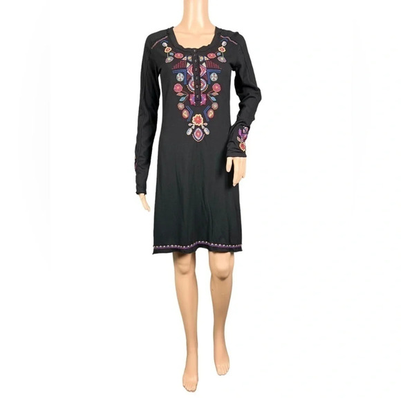 JOHNNY WAS COTTON BLACK FLORAL EMBROIDERED LONG SLEEVE DRESS SIZE XS - Picture 3 of 8